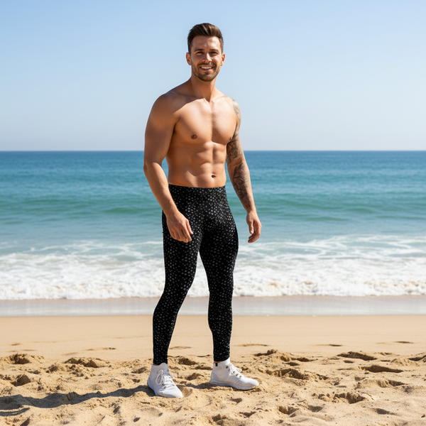 Black Grey Dotted Men's Leggings, Dots Pattern Designer Running Compression Tights For Men - Made in USA/EU/MX