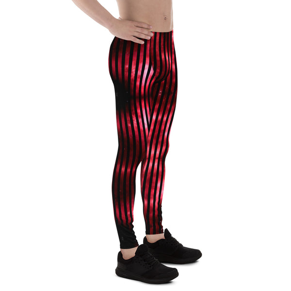 Red Striped Best Men's Leggings, Vertical Striped Meggings Compression Tights For Men- Made in USA/EU/MX