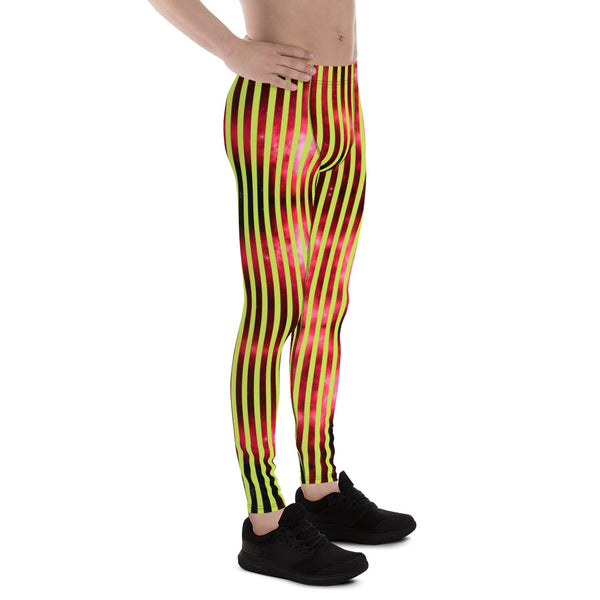 Red Green Striped Men's Leggings, Abstract Vertical Striped Meggings Compression Tights For Men- Made in USA/EU/MX