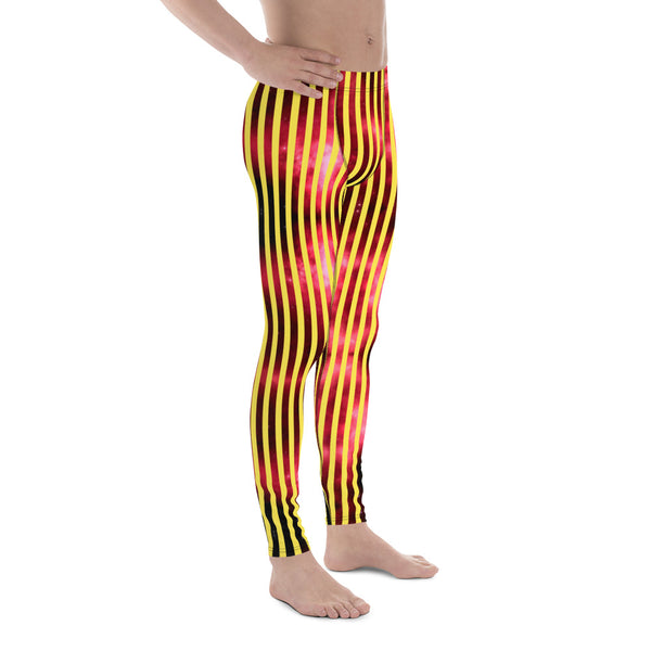 Yellow Red Striped Men's Leggings, Vertical Striped Meggings Compression Tights For Men- Made in USA/EU/MX