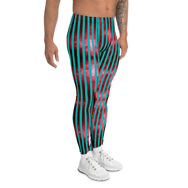 Blue Red Striped Men's Leggings, Colorful Best Vertically Striped Best Abstract Designer Print Sexy Meggings Men's Workout Gym Tights Leggings, Men's Compression Tights Pants - Made in USA/ EU/ MX (US Size: XS-3XL)&nbsp;