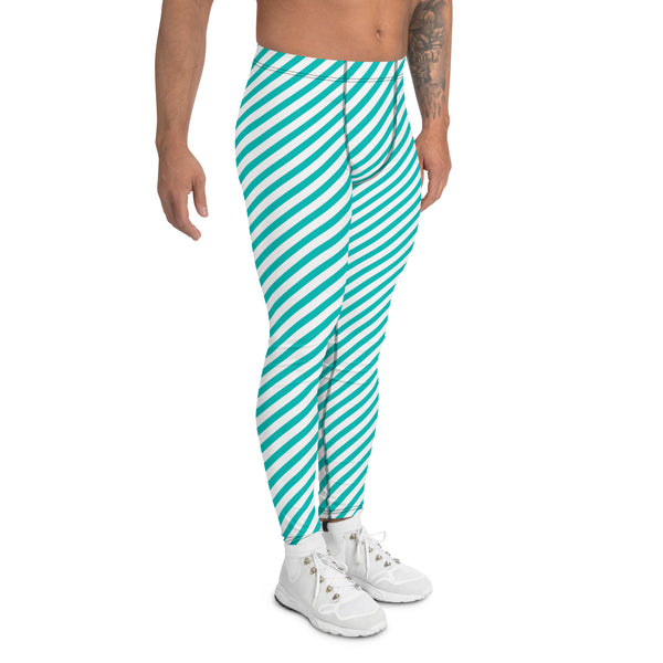 Colorful Diagonally Striped Meggings, White and Blue Diagonal Striped Best Abstract Designer Print Sexy Meggings Men's Workout Gym Tights Leggings, Men's Compression Tights Pants - Made in USA/ EU/ MX (US Size: XS-3XL)&nbsp;