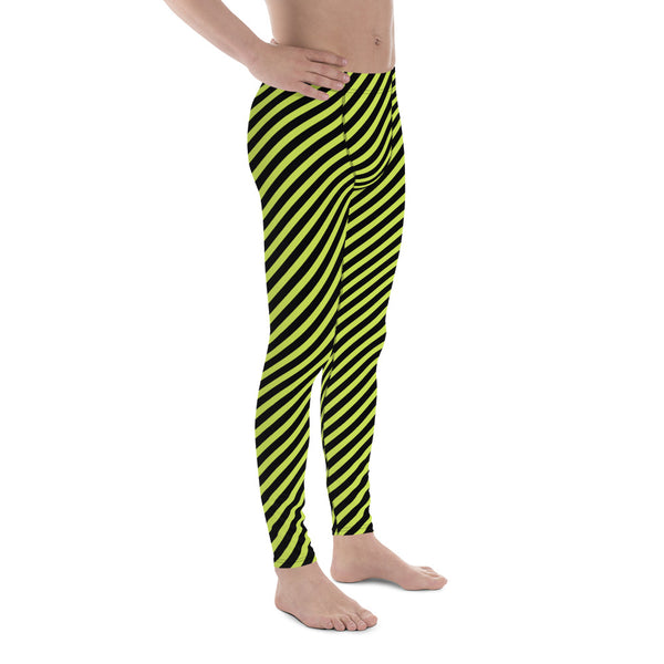 Lime Green Black Striped Meggings, Diagonal Striped Designer Print Sexy Meggings Men's Workout Gym Tights Leggings, Men's Compression Tights Pants - Made in USA/ EU/ MX (US Size: XS-3XL)&nbsp;