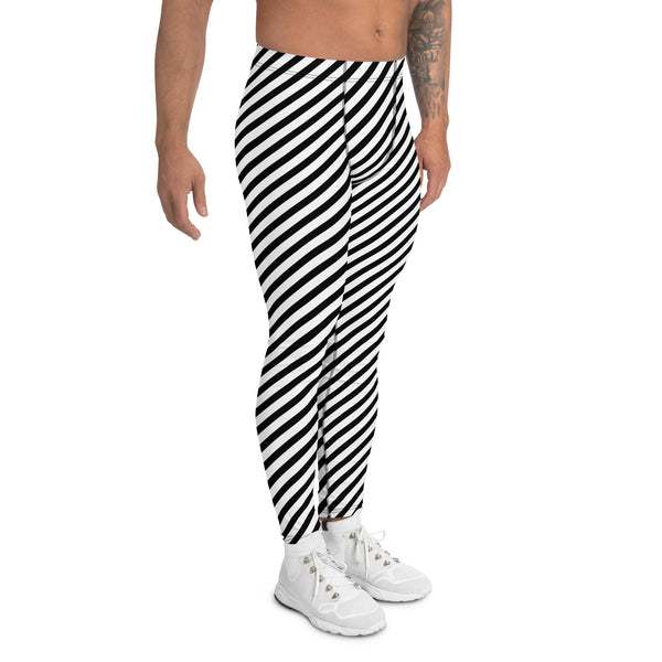 Colorful Diagonally Striped Meggings, White and Black Diagonal Striped Best Abstract Designer Print Sexy Meggings Men's Workout Gym Tights Leggings, Men's Compression Tights Pants - Made in USA/ EU/ MX (US Size: XS-3XL)&nbsp;