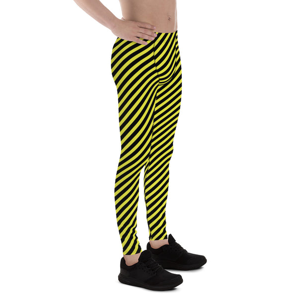 Yellow Black Diagonal Striped Meggings, Colorful Best Compression Tights For Men - Made in USA/EU/MX