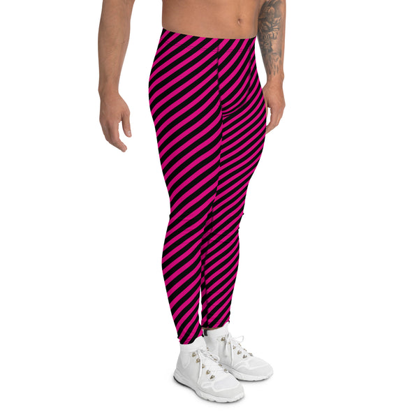 Black Pink Diagonal Striped Meggings, Colorful Best Compression Tights For Men - Made in USA/EU/MX