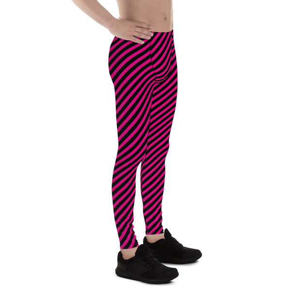 Black Pink Diagonal Striped Meggings, Colorful Best Compression Tights For Men - Made in USA/EU/MX