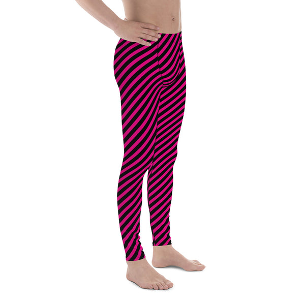 Black Pink Diagonal Striped Meggings, Colorful Best Compression Tights For Men - Made in USA/EU/MX