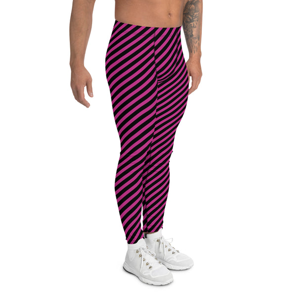 Colorful Diagonally Striped Meggings, Pink and Black Diagonal Striped Best Abstract Designer Print Sexy Meggings Men's Workout Gym Tights Leggings, Men's Compression Tights Pants - Made in USA/ EU/ MX (US Size: XS-3XL)&nbsp;