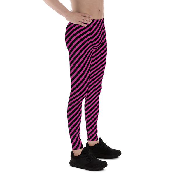 Pink Black Striped Diagonal Meggings, Colorful Best Compression Tights For Men - Made in USA/EU/MX