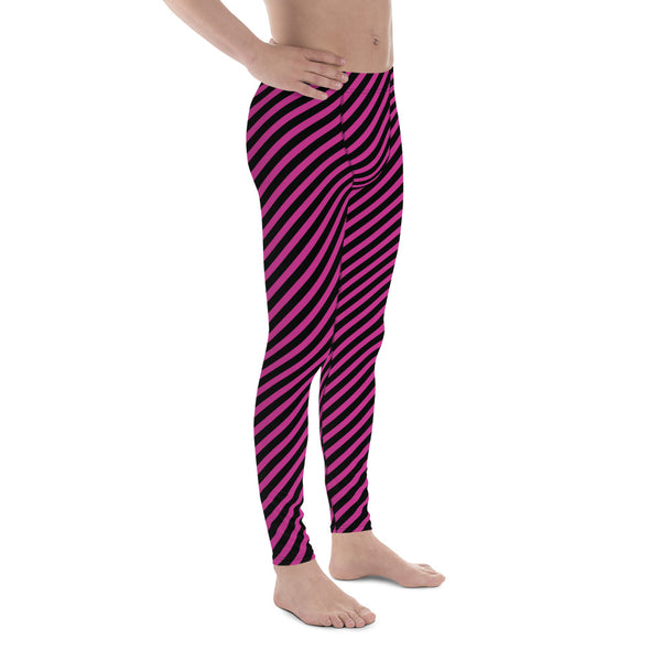 Pink Black Striped Diagonal Meggings, Colorful Best Compression Tights For Men - Made in USA/EU/MX