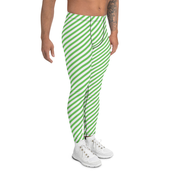 Green White Striped Meggings, Diagonal Striped Best Green and White Abstract Designer Print Sexy Meggings Men's Workout Gym Tights Leggings, Men's Compression Tights Pants - Made in USA/ EU/ MX (US Size: XS-3XL)&nbsp;