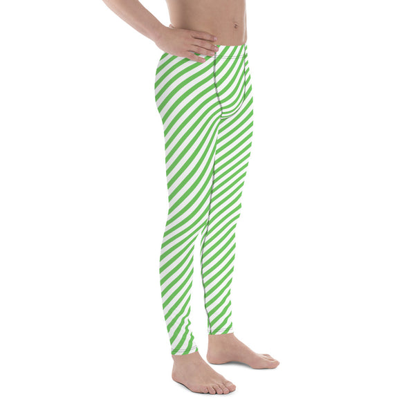 Green White Striped Meggings, Diagonal Striped Compression Tights For Men - Made in USA/EU/MX