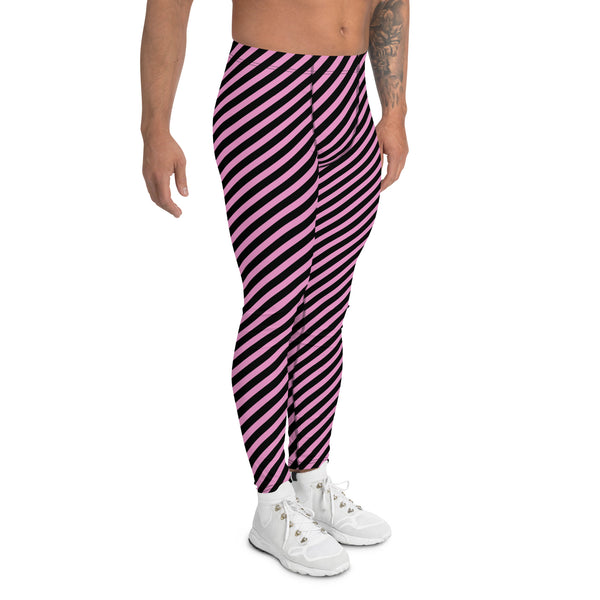 Light Pink Black Striped Meggings, Diagonally Striped Designer Print Sexy Meggings Men's Workout Gym Tights Leggings, Men's Compression Tights Pants - Made in USA/ EU/ MX (US Size: XS-3XL)&nbsp;