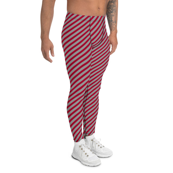 Colorful Diagonally Striped Meggings, Red and Grey Diagonal Striped Best Abstract Designer Print Sexy Meggings Men's Workout Gym Tights Leggings, Men's Compression Tights Pants - Made in USA/ EU/ MX (US Size: XS-3XL)&nbsp;