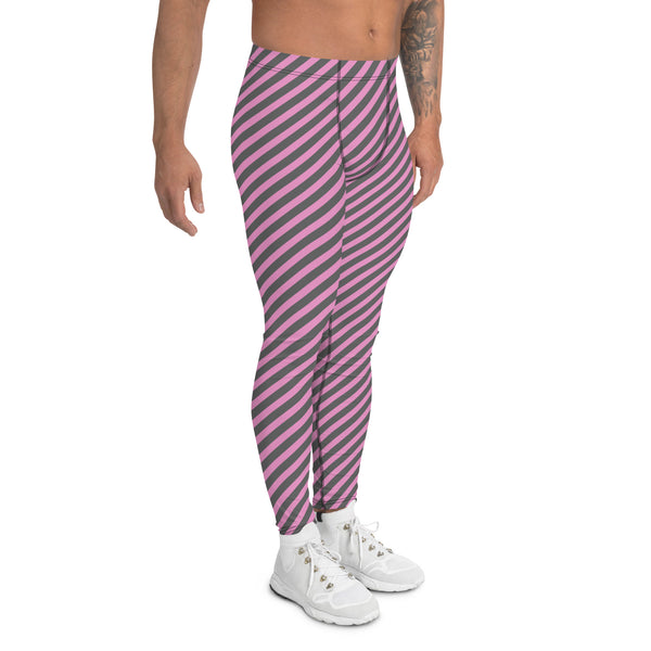 Colorful Diagonally Striped Meggings, Pink and Grey Diagonal Striped Best Abstract Designer Print Sexy Meggings Men's Workout Gym Tights Leggings, Men's Compression Tights Pants - Made in USA/ EU/ MX (US Size: XS-3XL)&nbsp;