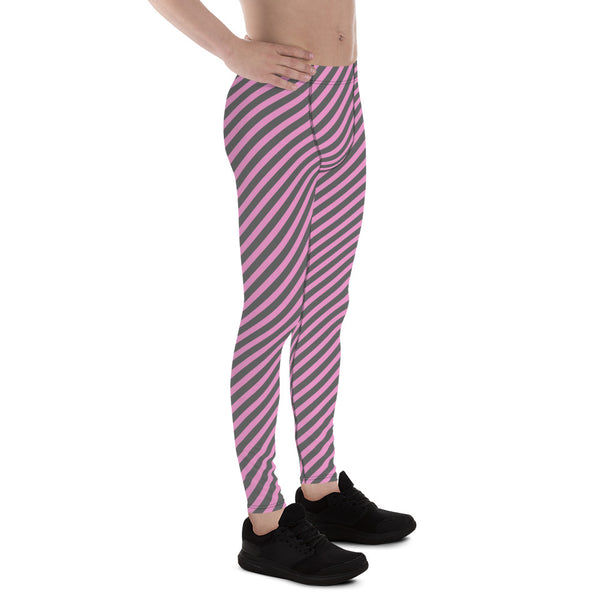 Pink Grey Diagonal Striped Meggings, Colorful Best Compression Tights For Men - Made in USA/EU/MX