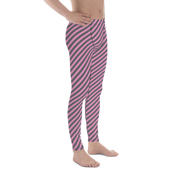 Pink Grey Diagonal Striped Meggings, Colorful Best Compression Tights For Men - Made in USA/EU/MX