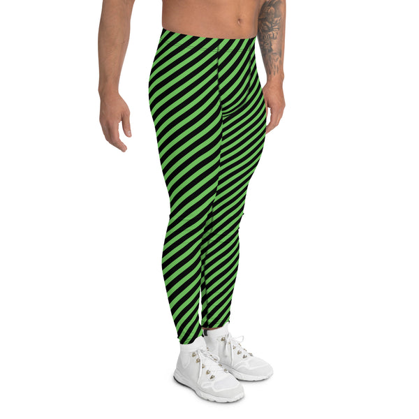 Pine Green Black Striped Meggings, Diagonal Striped&nbsp;Designer Print Sexy Meggings Men's Workout Gym Tights Leggings, Men's Compression Tights Pants - Made in USA/ EU/ MX (US Size: XS-3XL)&nbsp;