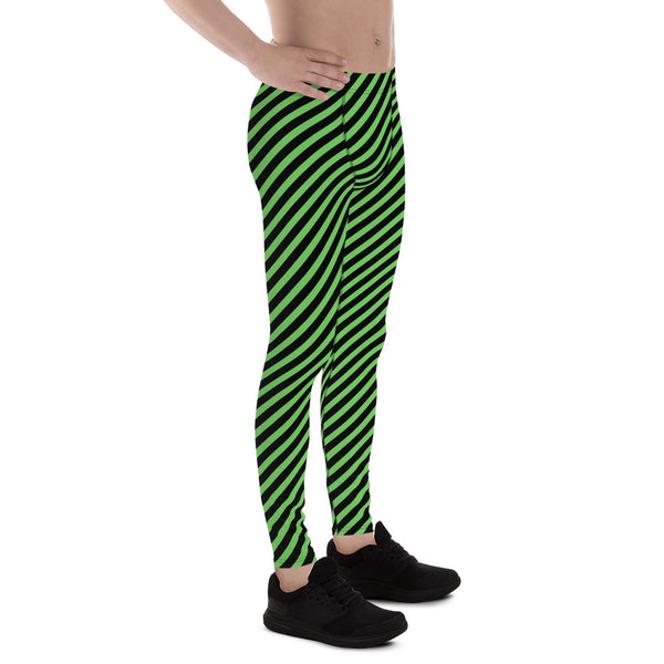 Pine Green Black Striped Meggings, Diagonal Striped&nbsp;Designer Print Sexy Meggings Men's Workout Gym Tights Leggings, Men's Compression Tights Pants - Made in USA/ EU/ MX (US Size: XS-3XL)&nbsp;