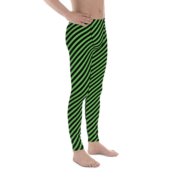 Green Black Diagonal Striped Meggings, Designer Running Compression Tights For Men - Made in USA/EU/MX