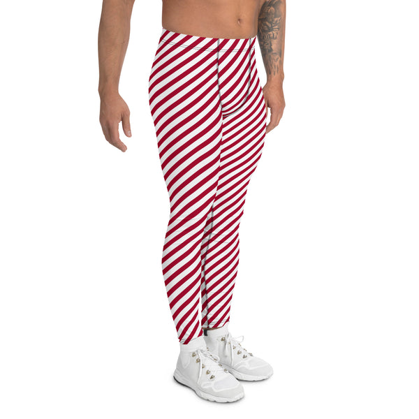 Colorful Diagonally Striped Meggings, Red and White Diagonal Striped Best Abstract Designer Print Sexy Meggings Men's Workout Gym Tights Leggings, Men's Compression Tights Pants - Made in USA/ EU/ MX (US Size: XS-3XL)&nbsp;