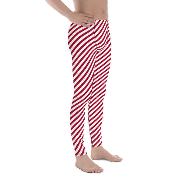 White Red Diagonal Striped Meggings, Colorful Best Compression Tights For Men - Made in USA/EU/MX