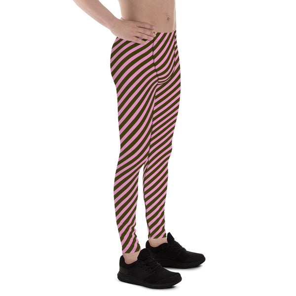 Pink Green Striped Meggings, Colorful Best Compression Tights For Men - Made in USA/EU/MX