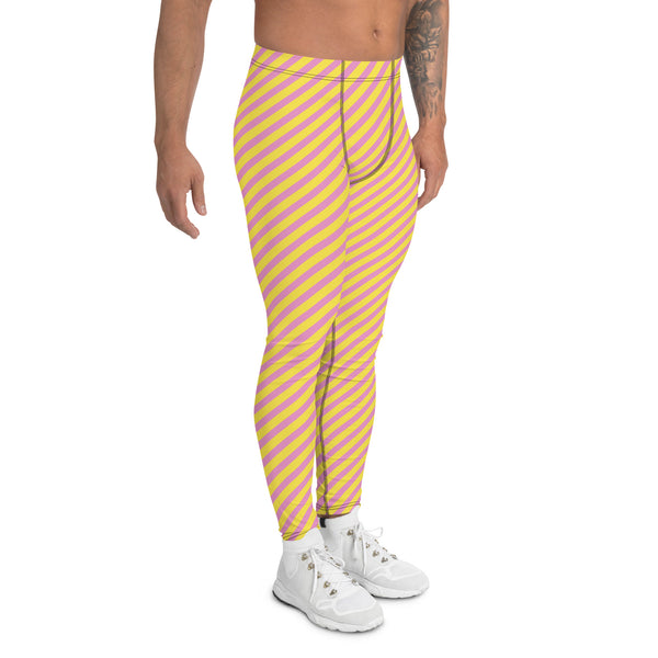 Pink Yellow Diagonally Striped Meggings, Best Men's Leggings