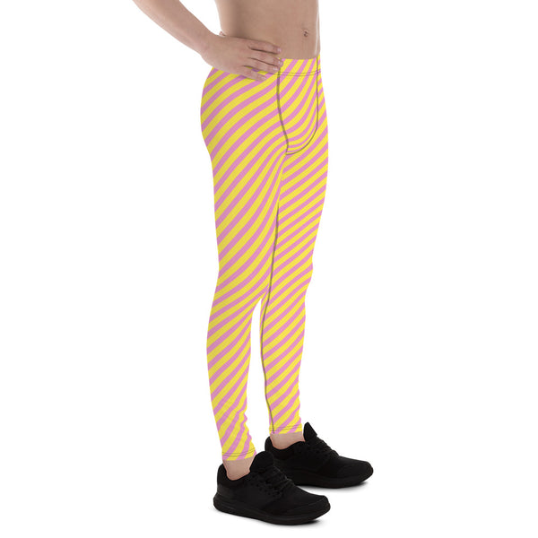 Pink Yellow Diagonally Striped Meggings, Best Men's Leggings