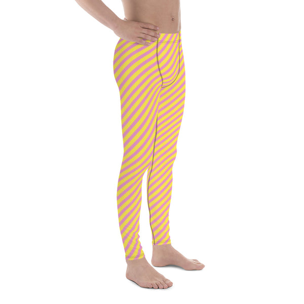 Pink Yellow Diagonally Striped Meggings, Best Men's Leggings