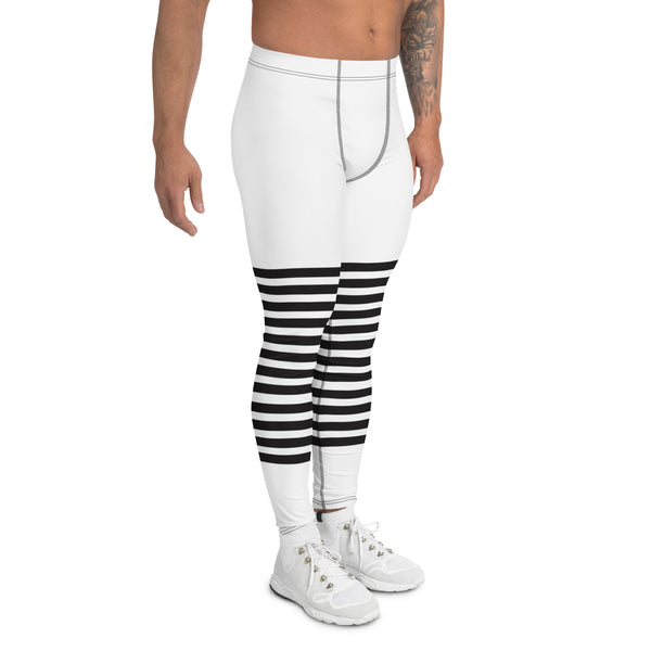 White Abstract Striped Men's Leggings, Black Horizontally Striped White and Black Abstract Designer Print Sexy Meggings Men's Workout Gym Tights Leggings, Men's Compression Tights Pants - Made in USA/ EU/ MX (US Size: XS-3XL)&nbsp;