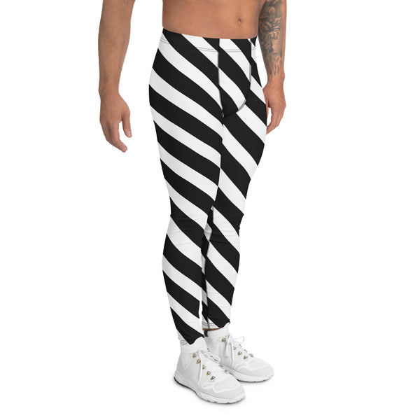 White Black Diagonally Striped Meggings, Abstract Striped Men's Leggings, Black Striped White and Black Abstract Designer Print Sexy Meggings Men's Workout Gym Tights Leggings, Men's Compression Tights Pants - Made in USA/ EU/ MX (US Size: XS-3XL)&nbsp;