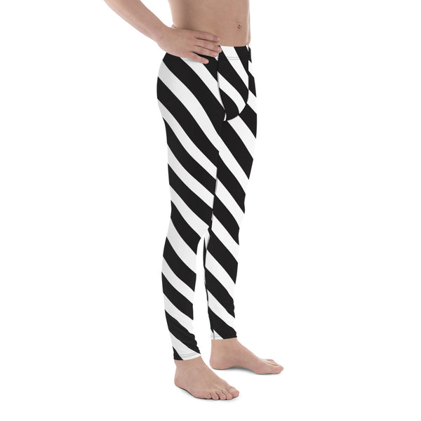 Black White Diagonal Stripes Meggings, White Striped Premium Style Men's Leggings For Men - Made in USA/EU/MX