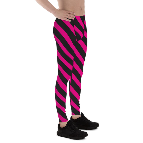 Pink Black Diagonal Striped Meggings, Best Men's Leggings