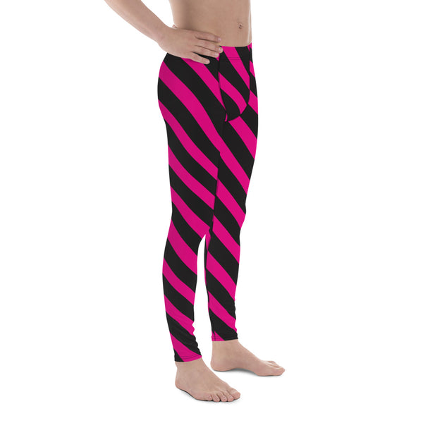 Pink Black Diagonal Striped Meggings, Best Men's Leggings