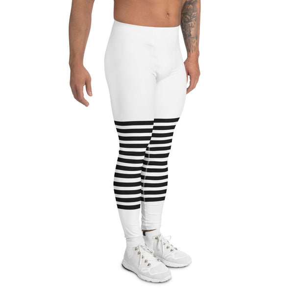 White Abstract Striped Men's Leggings, Black Horizontally Striped White and Black Abstract Designer Print Sexy Meggings Men's Workout Gym Tights Leggings, Men's Compression Tights Pants - Made in USA/ EU/ MX (US Size: XS-3XL)&nbsp;