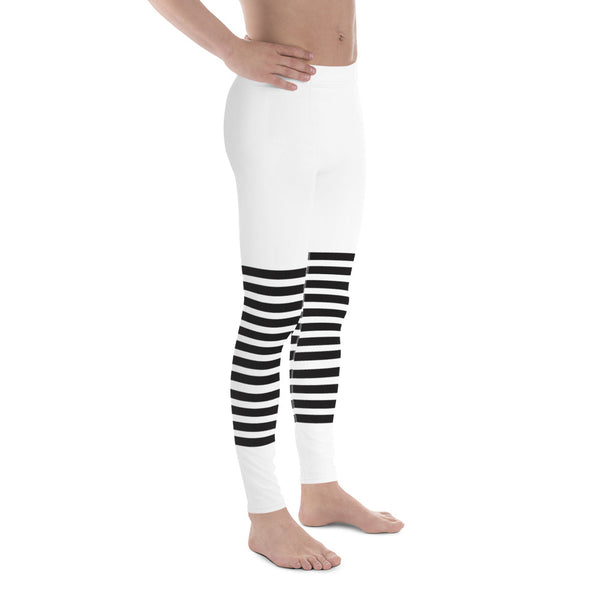 White Black Horizontal Striped Meggings, Best Horizontally Striped Men's Leggings For Men - Made in USA/EU/MX