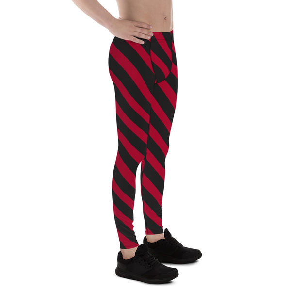 Red Black Diagonal Striped Meggings, Best Festival Men's Leggings Running Compression Tights For Men - Made in USA/EU/MX