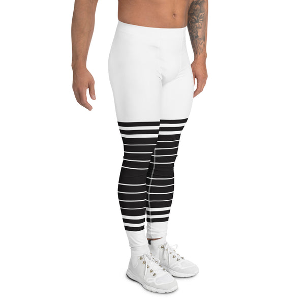 White Abstract Striped Men's Leggings, Black Horizontally Striped White and Black Abstract Designer Print Sexy Meggings Men's Workout Gym Tights Leggings, Men's Compression Tights Pants - Made in USA/ EU/ MX (US Size: XS-3XL)&nbsp;