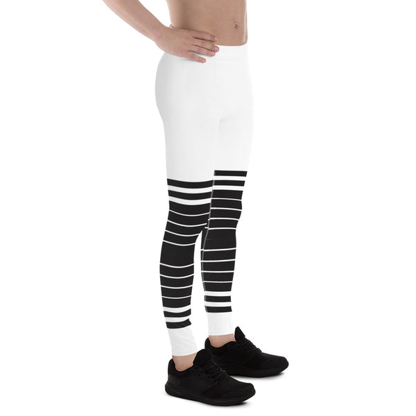 White Black Striped Horizontal Meggings, Best Sexy Men's Leggings Compression Tights For Men - Made in USA/EU/MX