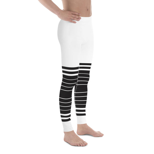 White Black Striped Horizontal Meggings, Best Sexy Men's Leggings Compression Tights For Men - Made in USA/EU/MX