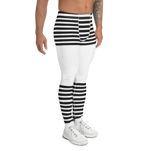 White Abstract Striped Men's Leggings, Black Horizontally Striped White and Black Abstract Designer Print Sexy Meggings Men's Workout Gym Tights Leggings, Men's Compression Tights Pants - Made in USA/ EU/ MX (US Size: XS-3XL)&nbsp;