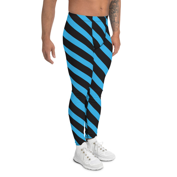 Blue Black Striped Meggings, Diagonal Stripes Men's Leggings