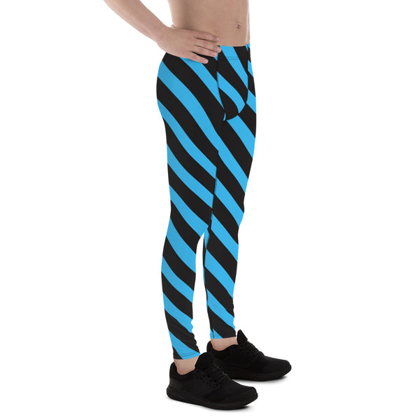 Blue Black Striped Meggings, Diagonal Stripes Men's Leggings