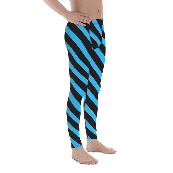 Blue Black Striped Meggings, Diagonal Stripes Men's Leggings