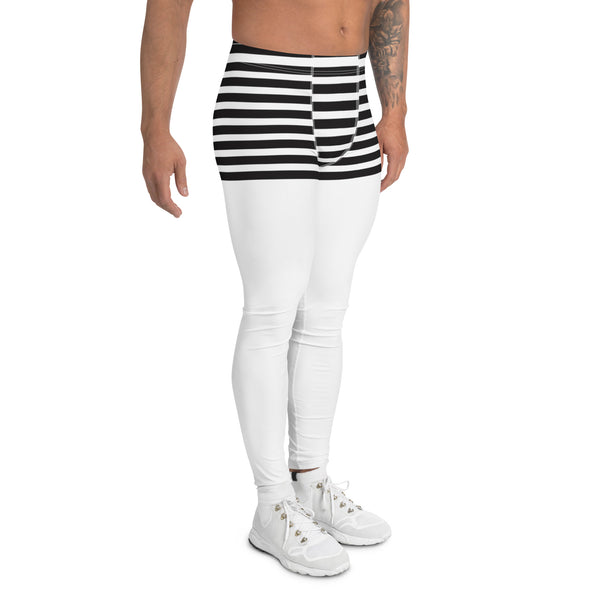 White Abstract Striped Men's Leggings, Black Horizontally Striped White and Black Abstract Designer Print Sexy Meggings Men's Workout Gym Tights Leggings, Men's Compression Tights Pants - Made in USA/ EU/ MX (US Size: XS-3XL)&nbsp;