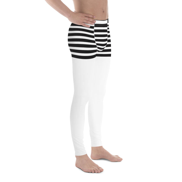 Black White Striped Meggings, Horizontal Stripes Men's Leggings Compression Tights For Men - Made in USA/EU/MX