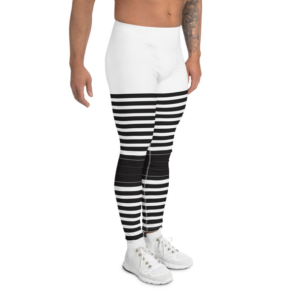 White Abstract Striped Men's Leggings, Black Horizontally Striped White and Black Abstract Designer Print Sexy Meggings Men's Workout Gym Tights Leggings, Men's Compression Tights Pants - Made in USA/ EU/ MX (US Size: XS-3XL)&nbsp;