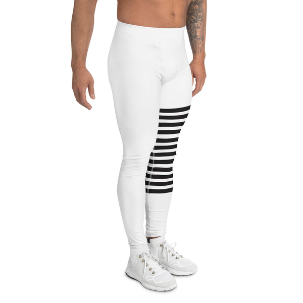 White Abstract Striped Men's Leggings, Black Horizontally Striped White and Black Abstract Designer Print Sexy Meggings Men's Workout Gym Tights Leggings, Men's Compression Tights Pants - Made in USA/ EU/ MX (US Size: XS-3XL)&nbsp;